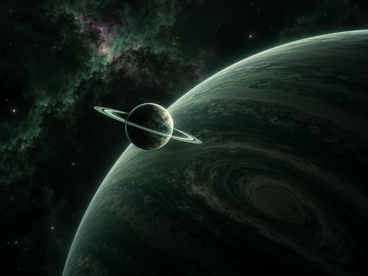 Kleiner Ringplanet vor einem grünen Gasriesen im Weltall