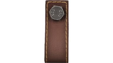 Knopf Elsfleth Kunstleder-Druckguss/Metallfuß braun eisenfarbig getrommelt matt - 75 mm lang  vor weißem Hintergrund