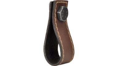 Knopf Elsfleth Kunstleder-Druckguss/Metallfuß braun eisenfarbig getrommelt matt - 75 mm lang  vor weißem Hintergrund