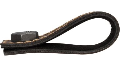Knopf Elsfleth Kunstleder-Druckguss/Metallfuß braun eisenfarbig getrommelt matt - 75 mm lang  vor weißem Hintergrund