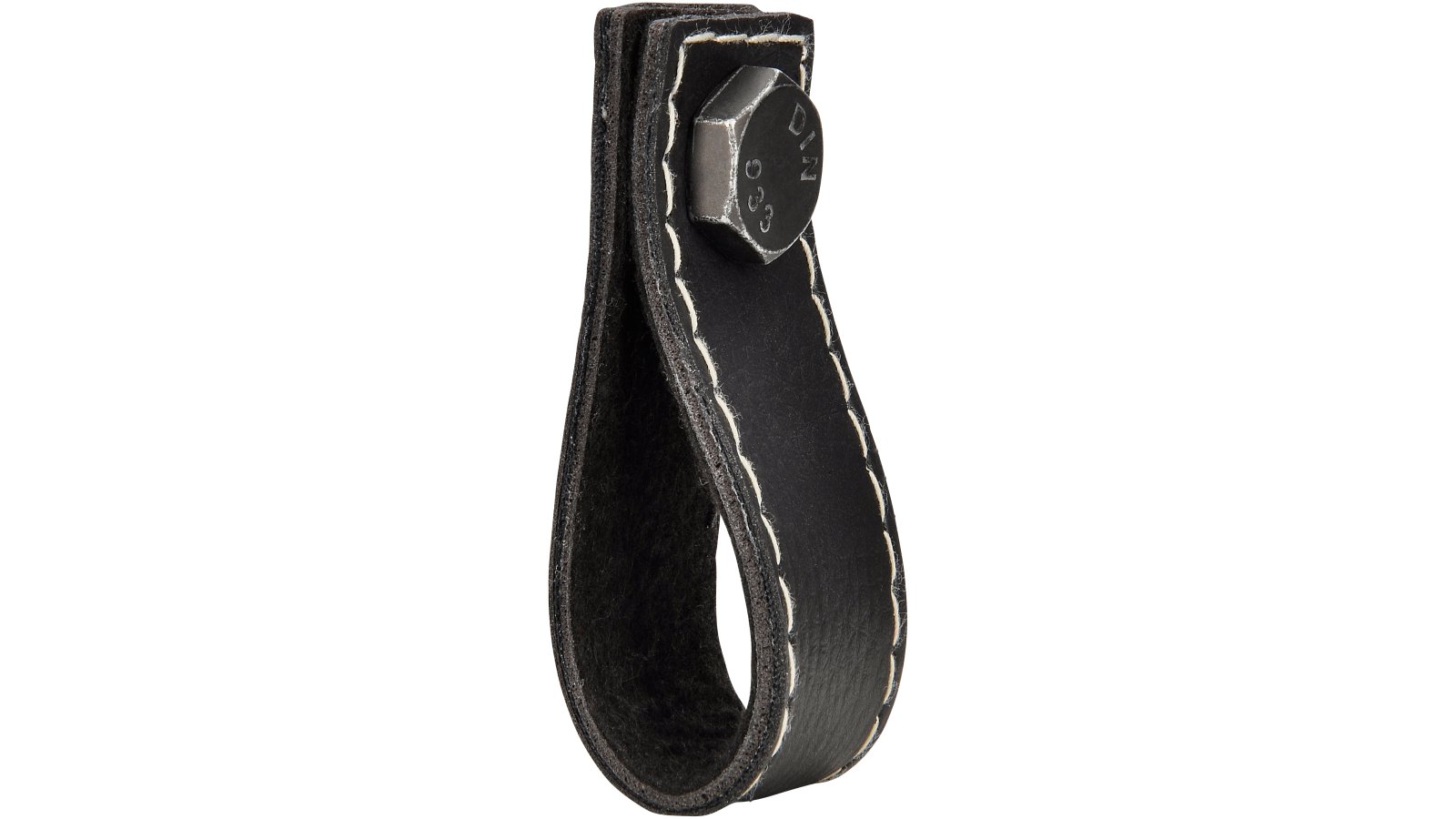 Knopf Elsfleth Kunstleder-Druckguss/Metallfuß schwarz eisenfarbig getrommelt matt - 75 mm lang  vor weißem Hintergrund