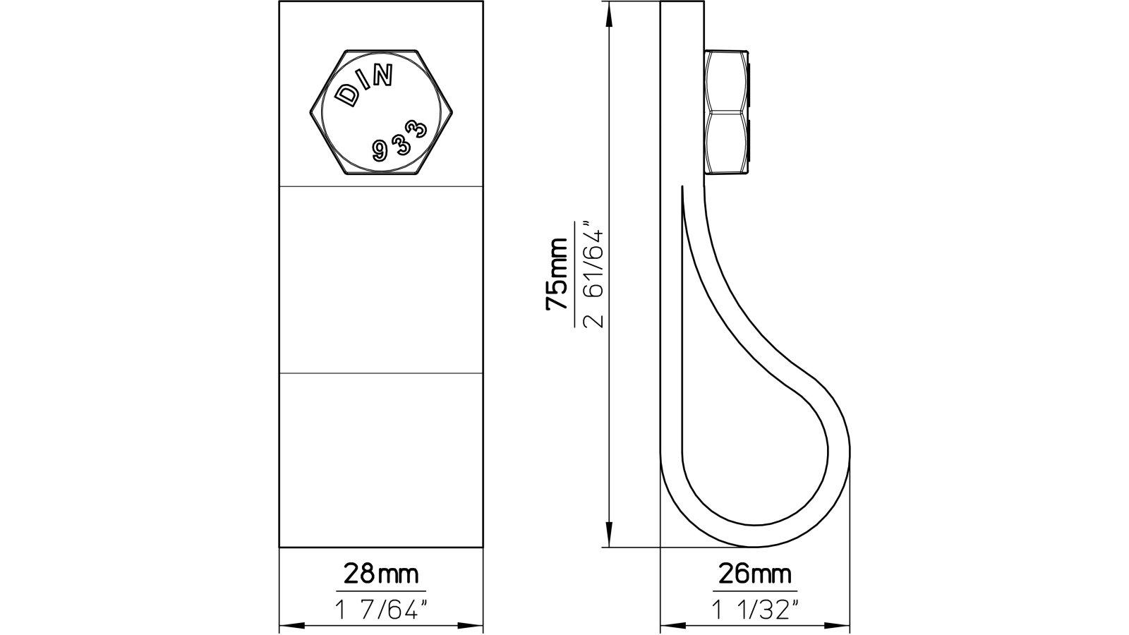 Knopf Elsfleth Kunstleder-Druckguss/Metallfuß schwarz eisenfarbig getrommelt matt - 75 mm lang  vor weißem Hintergrund