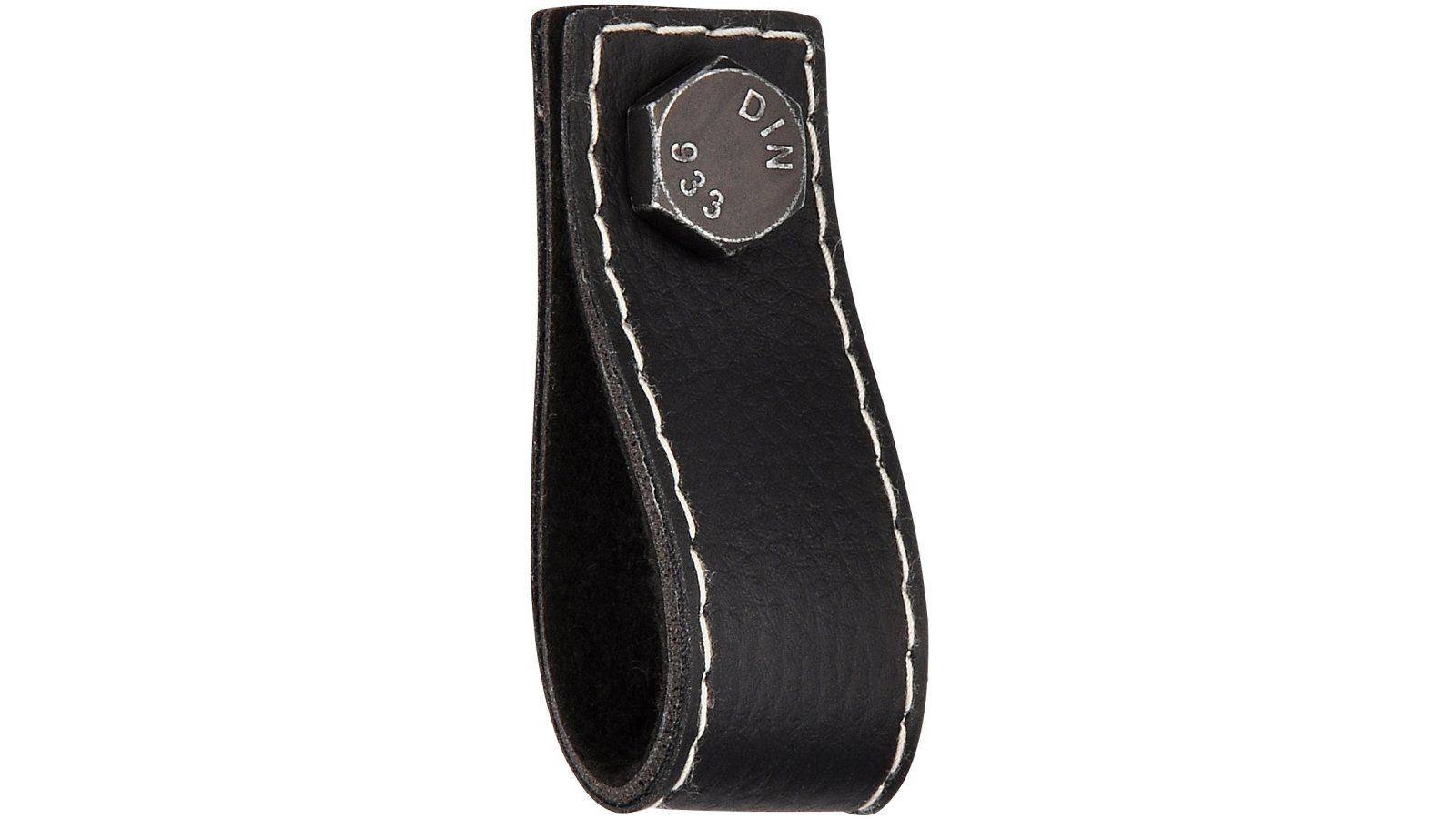 Knopf Elsfleth Kunstleder-Druckguss/Metallfuß schwarz eisenfarbig getrommelt matt - 75 mm lang  vor weißem Hintergrund