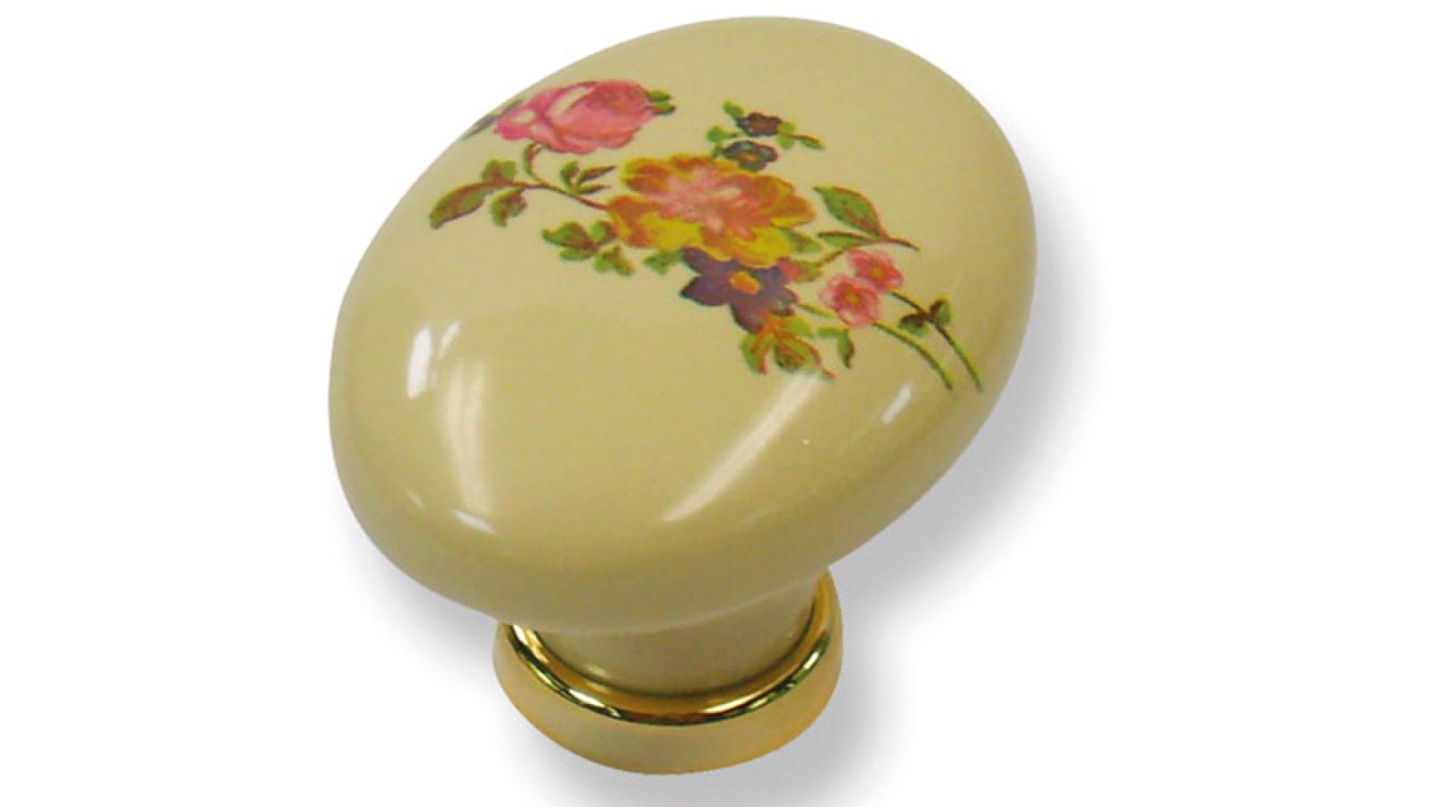 Knopf + Unterlage Weimar Kunststoff glasiert beige hochglanz bedruckt bunt metallisiert gold glänzend - 44 mm lang  vor weißem Hintergrund