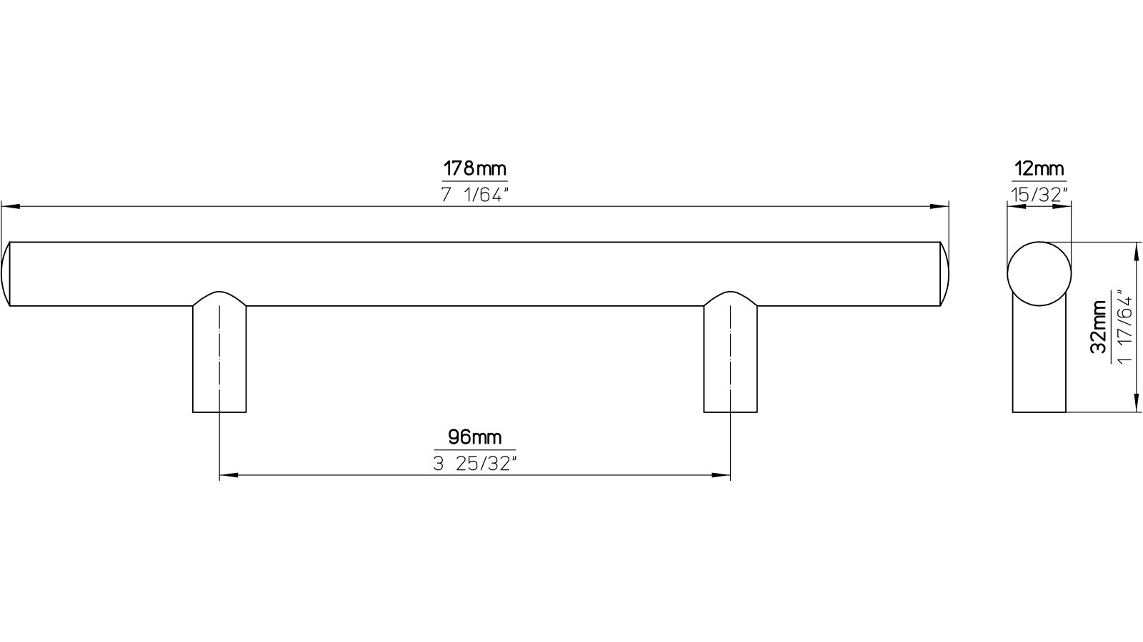 Griff Bruchsal Stahl chrom glänzend - 178 mm lang  vor weißem Hintergrund