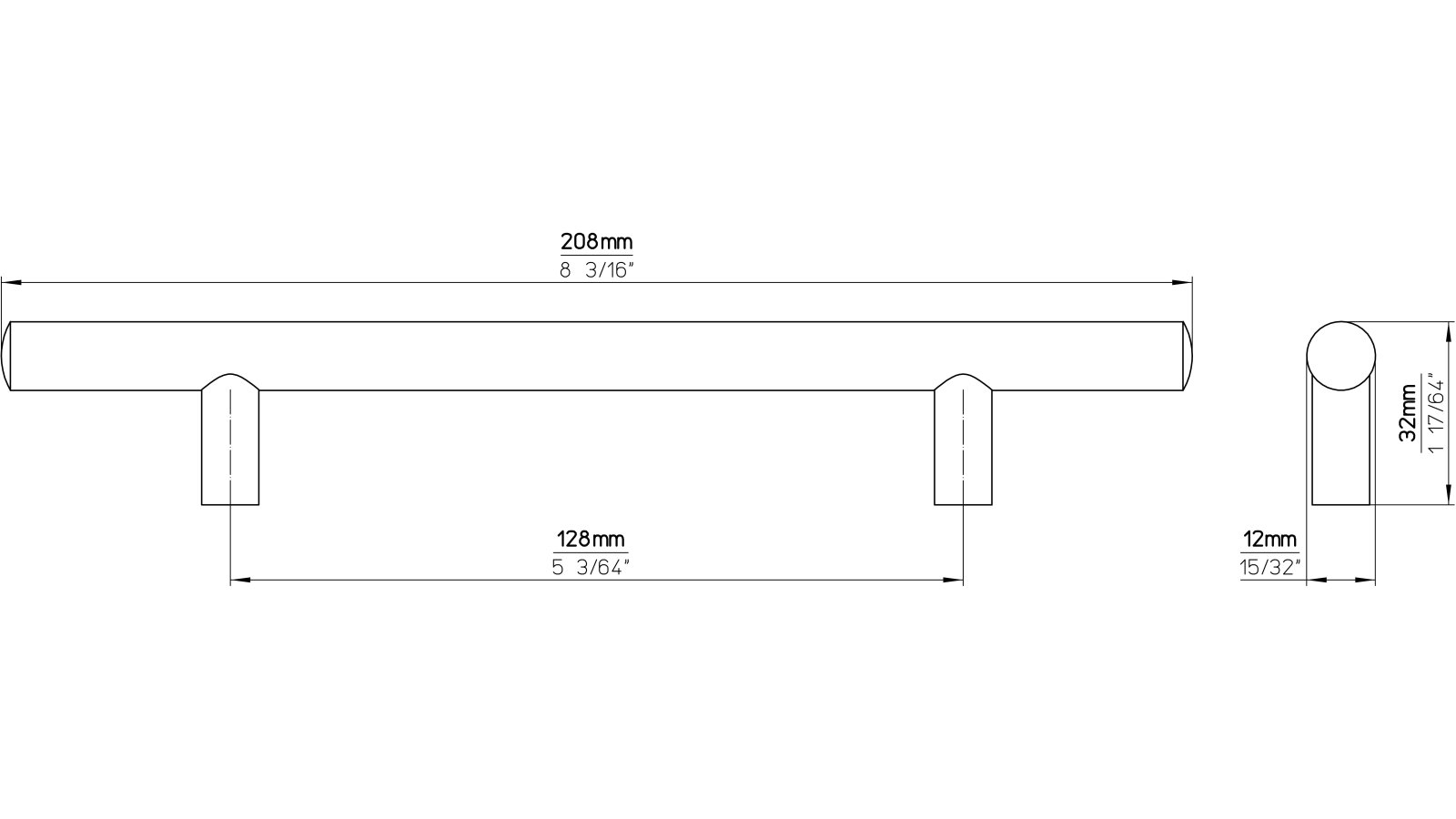 Griff Bruchsal Stahl vernickelt feingeschliffen - 208 mm lang  vor weißem Hintergrund