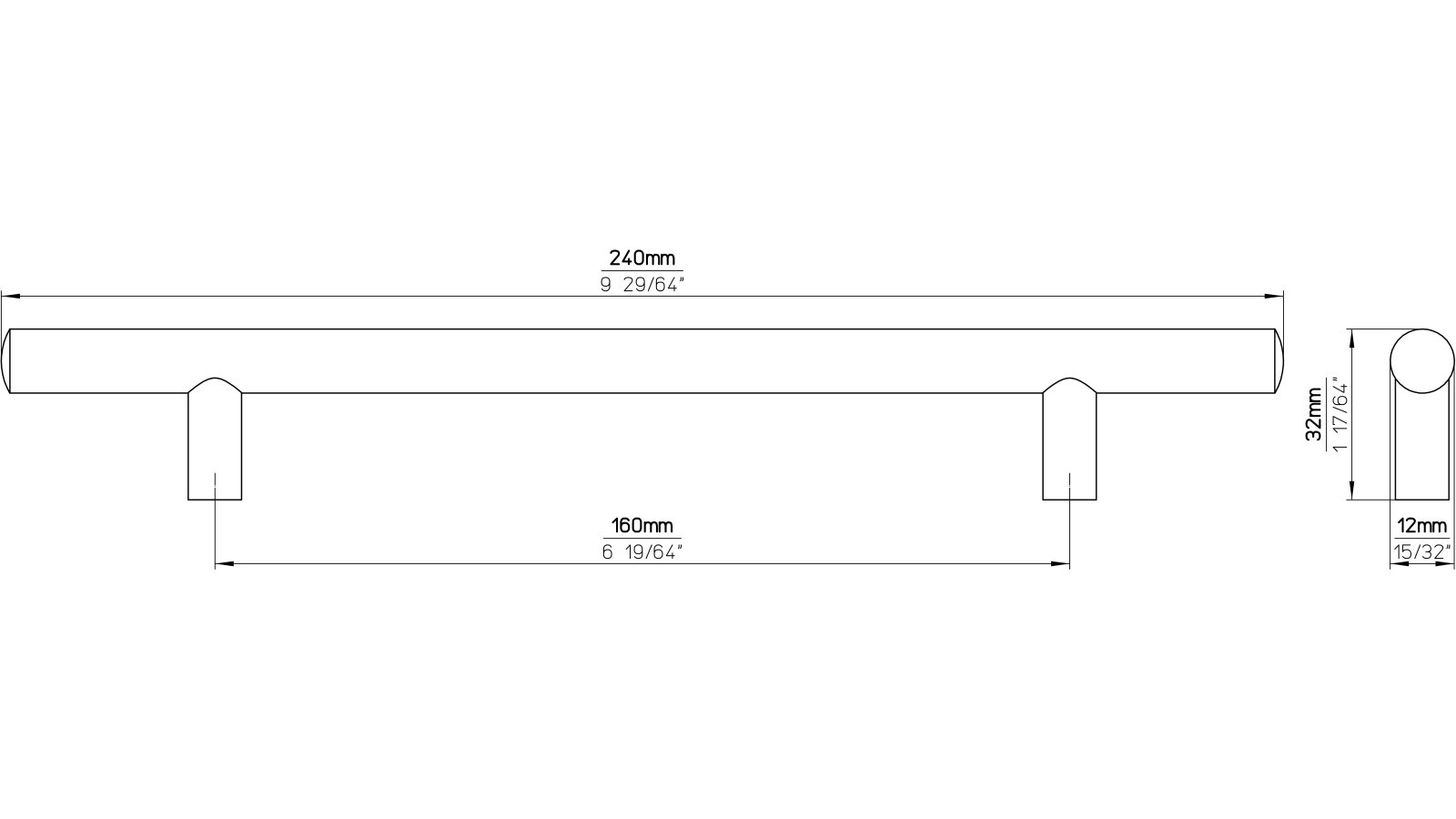 Griff Bruchsal Stahl vernickelt feingeschliffen - 240 mm lang  vor weißem Hintergrund