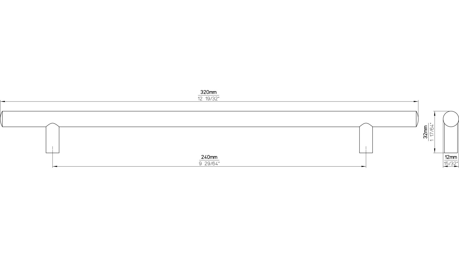 Griff Bruchsal Stahl vernickelt feingeschliffen - 320 mm lang  vor weißem Hintergrund