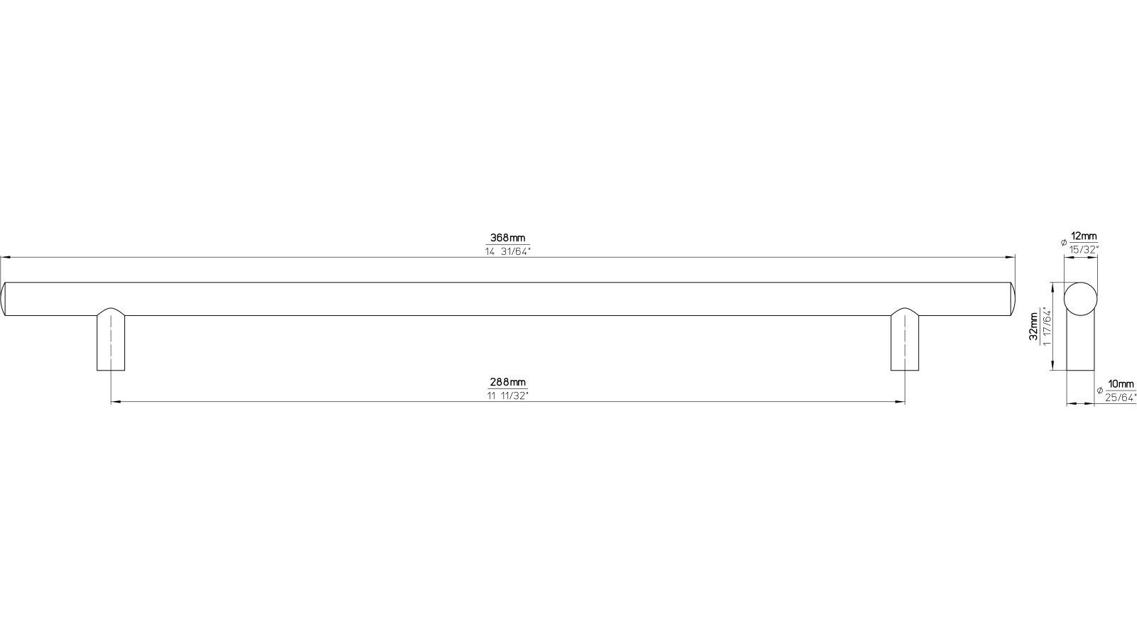 Griff Bruchsal Stahl vernickelt feingeschliffen - 368 mm lang  vor weißem Hintergrund