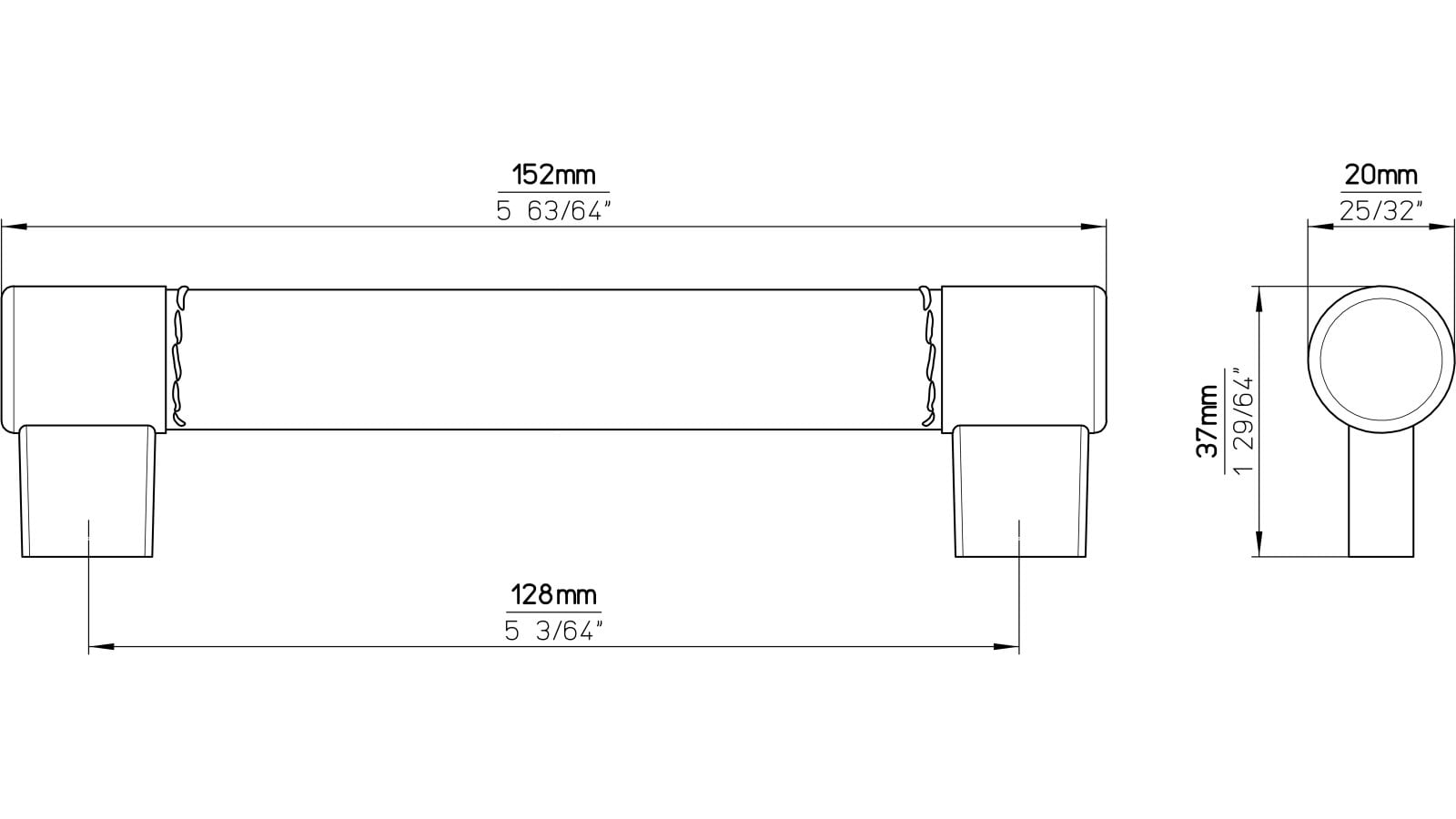 Griff Erbach Kunstleder-Druckguss/Metallfuß schwarz chrom glänzend - 151 mm lang  vor weißem Hintergrund