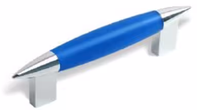 Griff Eschweiler Kunststoff glaseffekt matt blau metallisiert chrom glänzend - 139 mm lang vor weißem Hintergrund