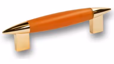 Griff Eschweiler Kunststoff glaseffekt matt orange metallisiert gold glänzend - 139 mm lang vor weißem Hintergrund