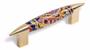 Griff Eschweiler Kunststoff bedruckt weiß-orange metallisiert gold glänzend - 139 mm lang vor weißem Hintergrund