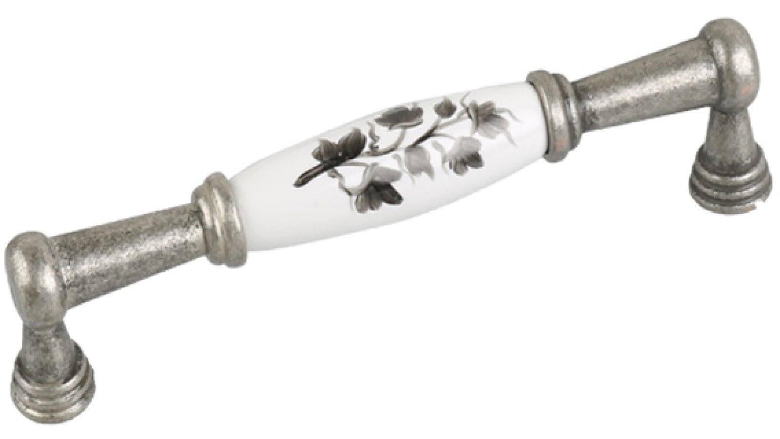 Moebelgriff-Graefenhainichen-schwarz-weiss-silber-messing-Zinkdruckguss-Porzellan-laenge-144-KA-912838 Griff Gräfenhainichen Zamak Porzellan antik silber weiß Steppe schwarz - 144 mm lang vor weißem Hintergrund