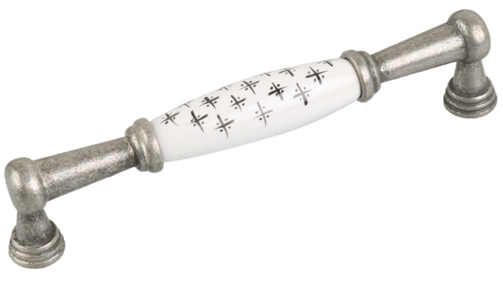 Griff Gräfenhainichen Zamak Porzellan antik silber weiß Sterne schwarz - 144 mm lang  vor weißem Hintergrund