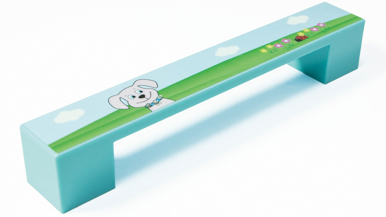 Griff Kirkel Kunststoff - babyblau, Kunststoff bedruckt - hund mit steinchen - 164 mm lang  vor weißem Hintergrund