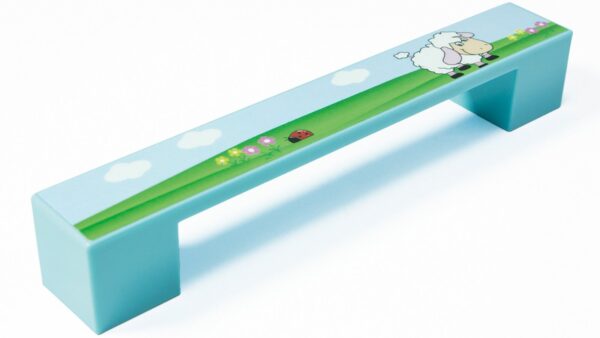 Griff Kirkel Kunststoff - babyblau, Kunststoff bedruckt - schaf - 164 mm lang  vor weißem Hintergrund
