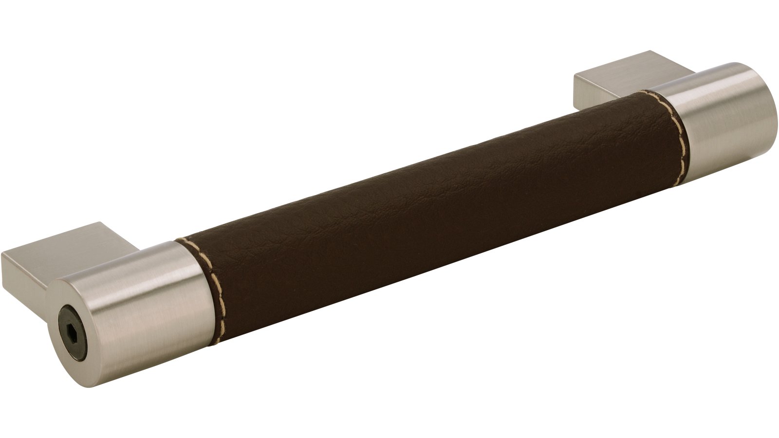 Griff Meckenbeuren Kunstleder-Druckguss/Metallfuß braun vernickelt feingeschliffen - 150 mm lang  vor weißem Hintergrund