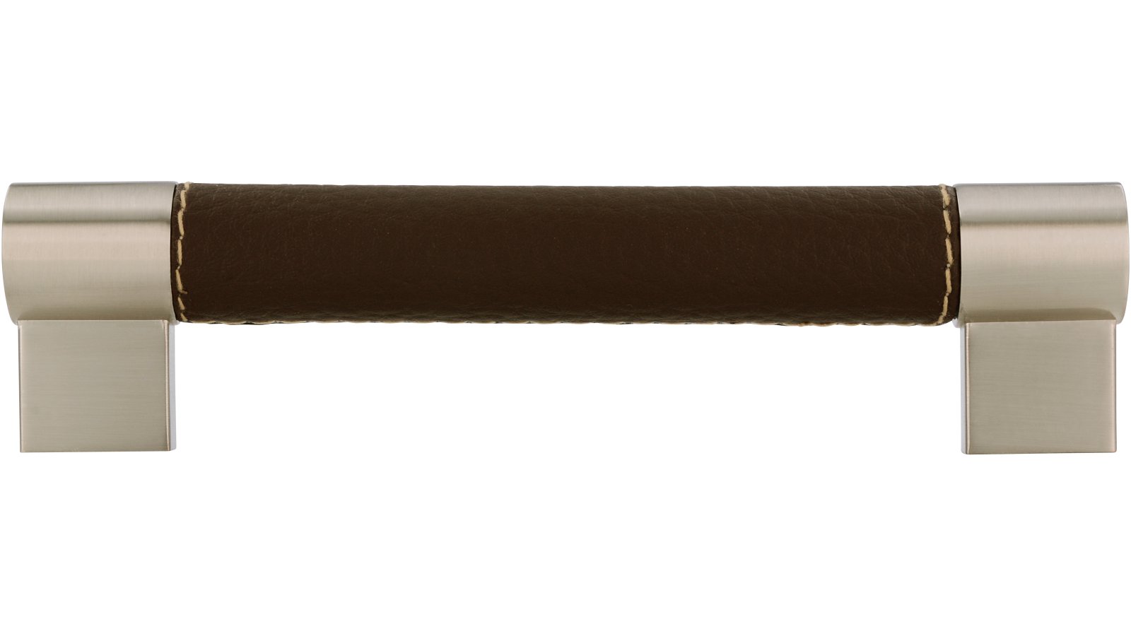 Griff Meckenbeuren Kunstleder-Druckguss/Metallfuß braun vernickelt feingeschliffen - 150 mm lang  vor weißem Hintergrund