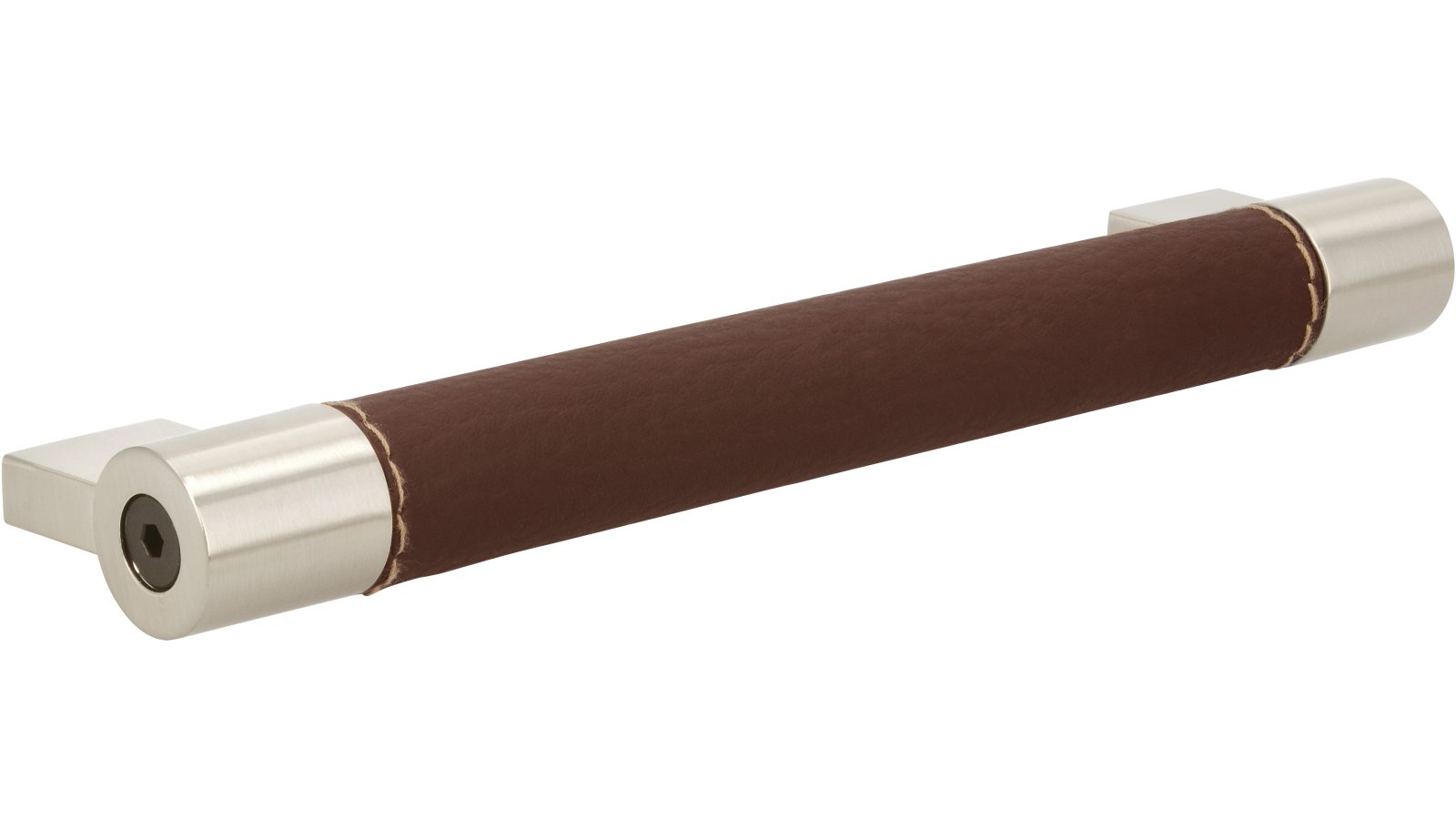 Griff Meckenbeuren Kunstleder-Druckguss/Metallfuß braun vernickelt feingeschliffen - 182 mm lang  vor weißem Hintergrund