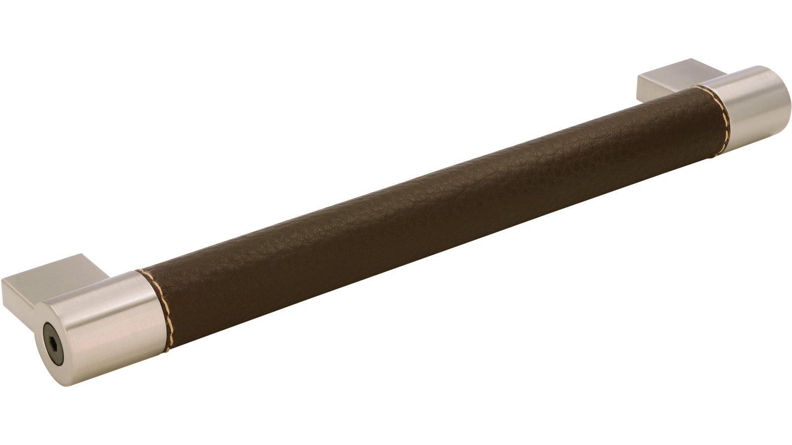 Griff Meckenbeuren Kunstleder-Druckguss/Metallfuß braun vernickelt feingeschliffen - 214 mm lang  vor weißem Hintergrund