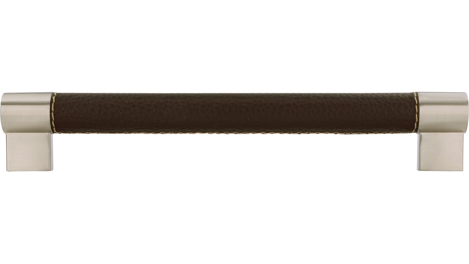 Griff Meckenbeuren Kunstleder-Druckguss/Metallfuß braun vernickelt feingeschliffen - 214 mm lang  vor weißem Hintergrund