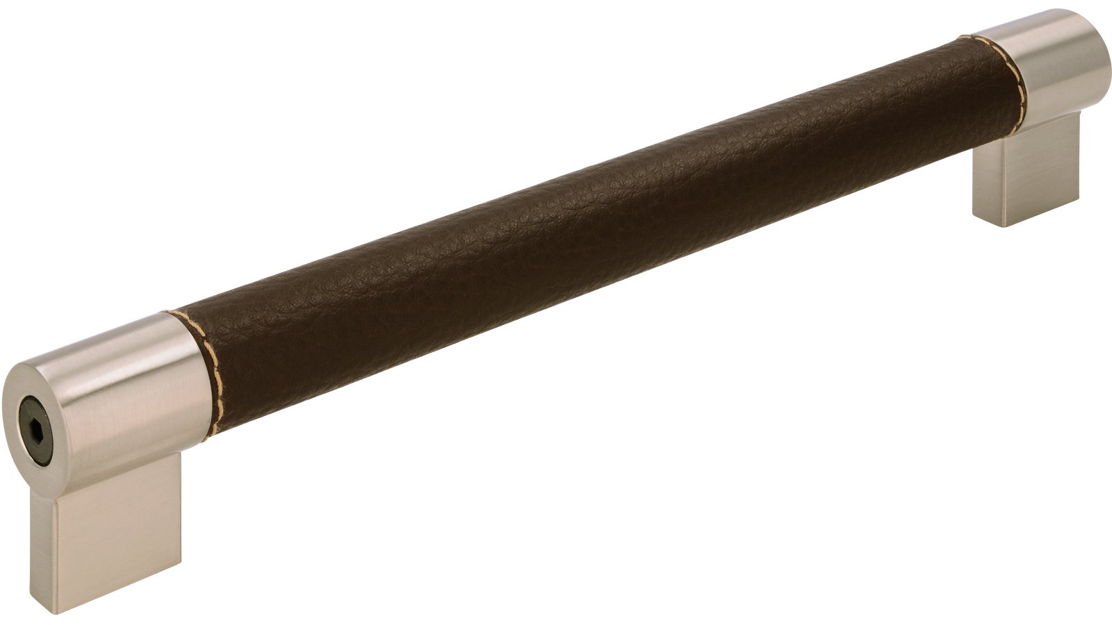 Griff Meckenbeuren Kunstleder-Druckguss/Metallfuß braun vernickelt feingeschliffen - 214 mm lang  vor weißem Hintergrund