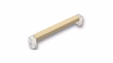 Griff Rodenbach Kunstleder - Kunststoff beige metallisiert chrom glänzend - 138 mm lang  vor weißem Hintergrund