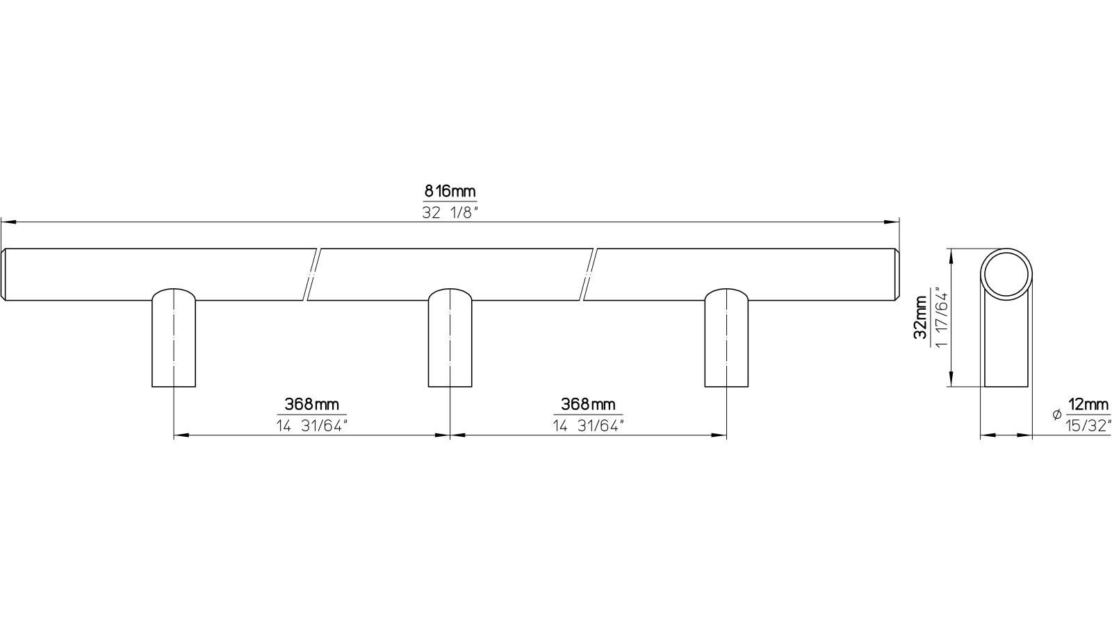 Griff Weiterstadt Edelstahl fein geschliffen - 816 mm lang  vor weißem Hintergrund