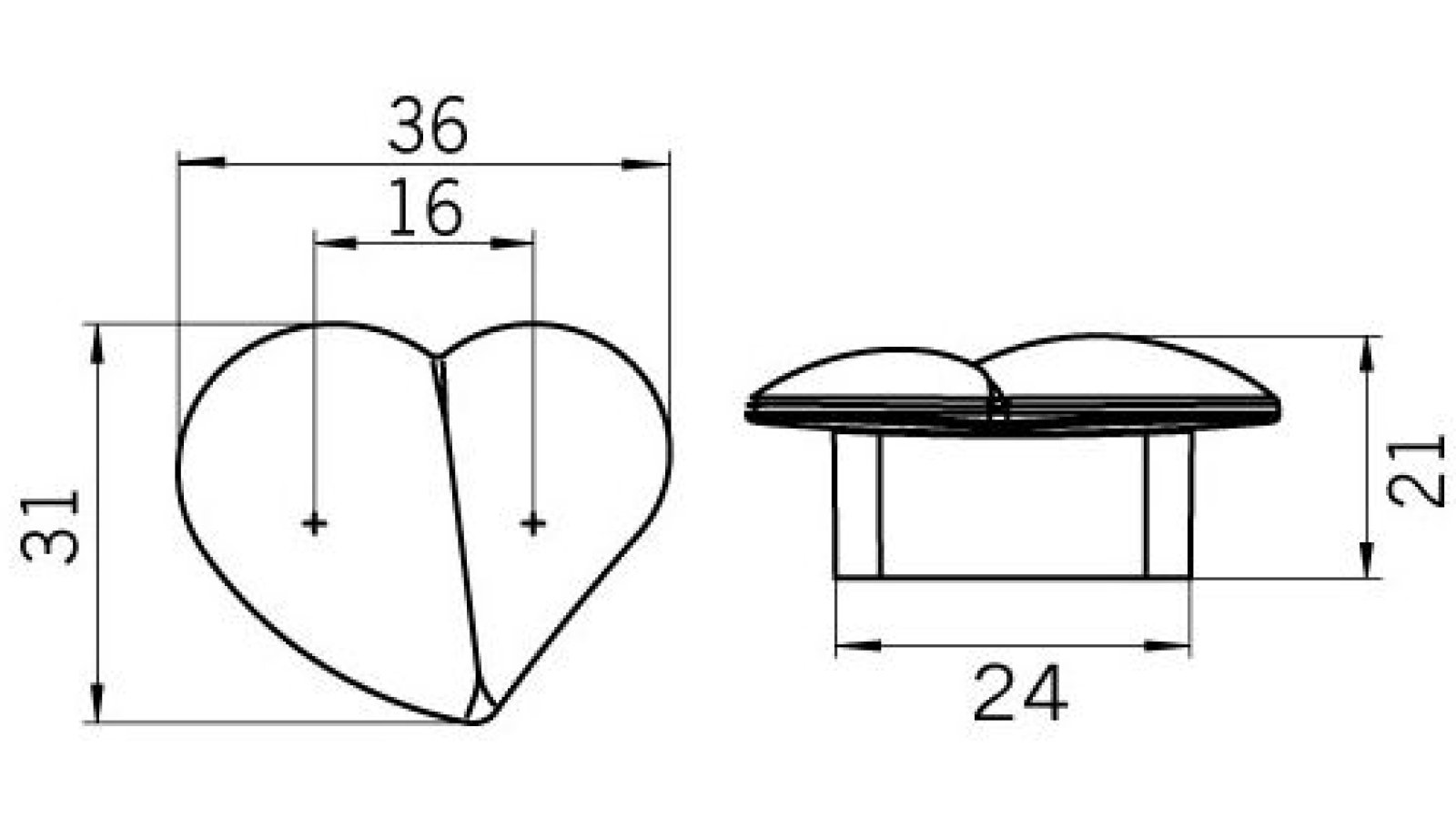 Moebelgriff-Zweibruecken-gold-Kunststoff-laenge-36-684342-technische-zeichnung Griff Zweibrücken Kunststoff metallisiert gold glänzend - 36 mm lang vor weißem Hintergrund
