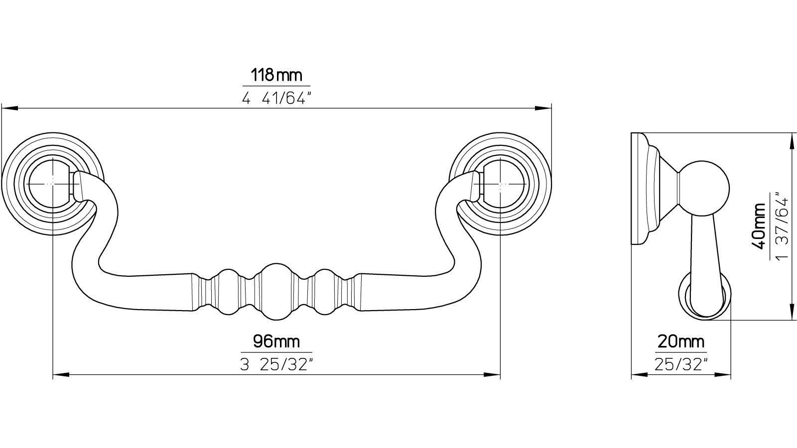 Haengegriff-Frankenberg-brueniert-messing-Messing-Zinkdruckguss-laenge-118-648688-technische-zeichnung Klöppel Frankenberg Druckguss altmessingfarbig brüniert getrommelt 2 stück - 118 mm lang vor weißem Hintergrund
