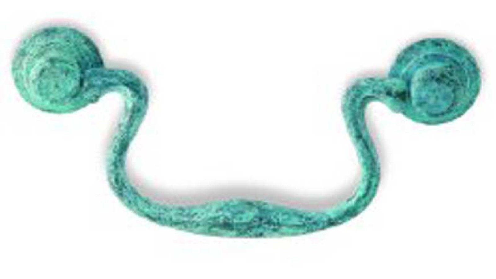 Haengegriff-Leonberg-gruen-messing-Messing-laenge-120-368108 Klöppel Leonberg Messing grünspan - 120 mm lang vor weißem Hintergrund