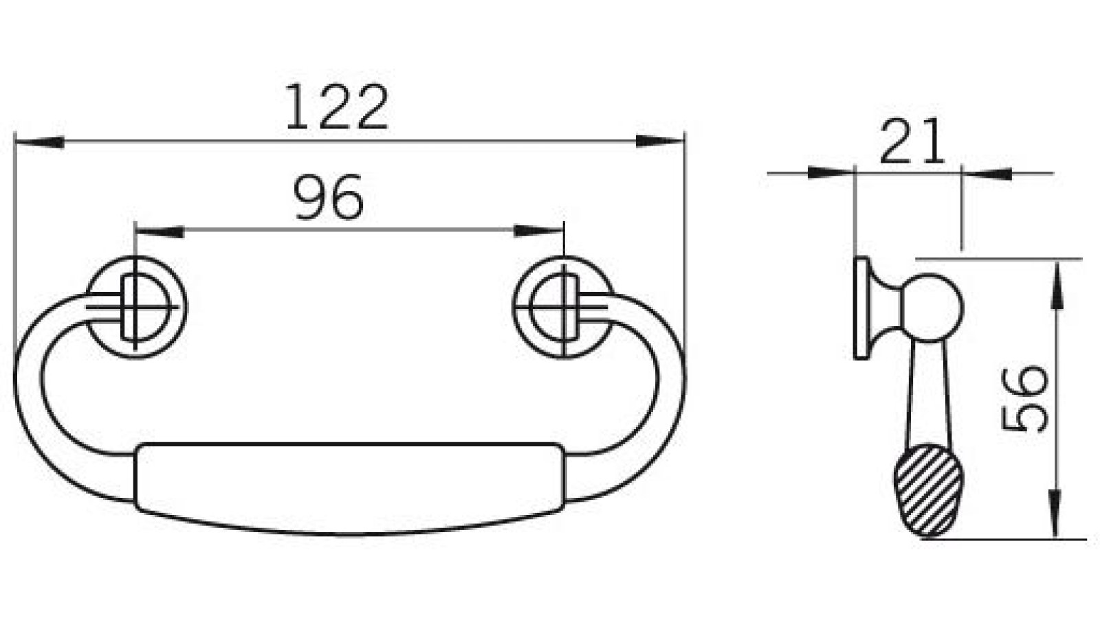 Haengegriff-Pforzheim-brueniert-messing-Messing-Zinkdruckguss-laenge-125-81970-technische-zeichnung Klöppel Pforzheim Druckguss altmessingfarbig brüniert getrommelt - 125 mm lang vor weißem Hintergrund