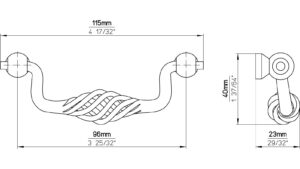 Haengegriff-Rudolstadt-schwarz-Stahl-Zinkdruckguss-laenge-115-560380-technische-zeichnung Klöppel Rudolstadt Stahl - Druckguss schwarz matt pulverbeschichtet - 115 mm lang vor weißem Hintergrund