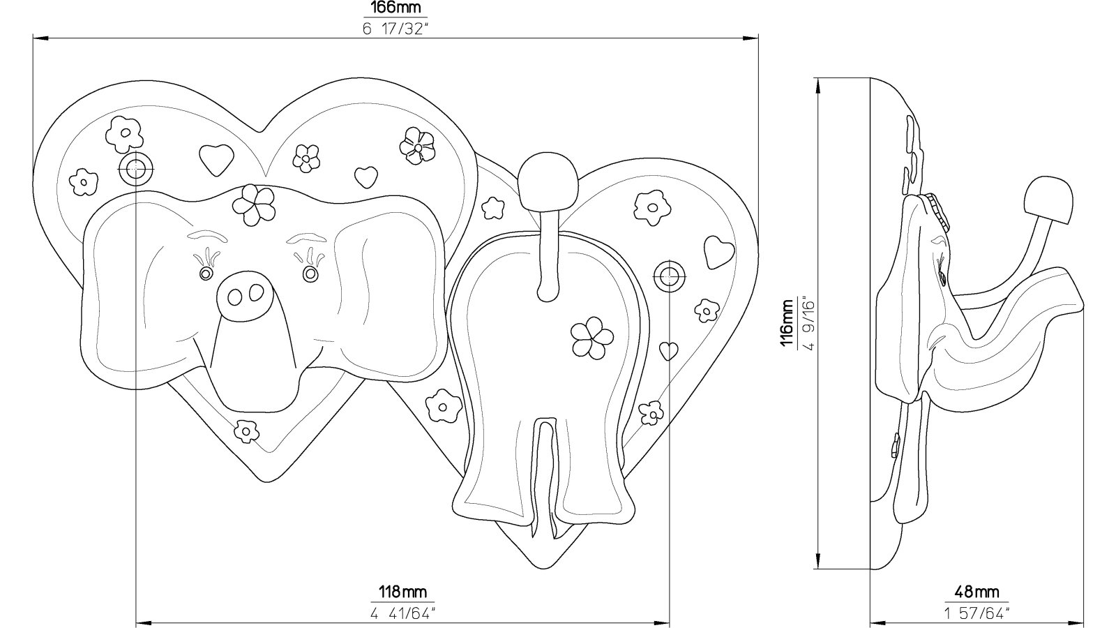Hakenleiste-Bad-Barmstedt-bunt-Kunststoff-laenge-166-711366-technische-zeichnung Hakenleiste Bad-Barmstedt Kunststoff bunt - 166 mm lang vor weißem Hintergrund