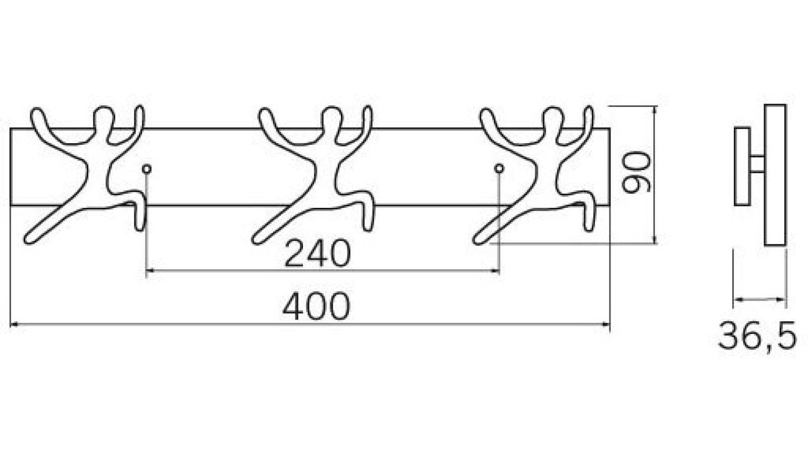 Hakenleiste-Bad-Oldesloe-chrom-blau-buche-Holz-Zinkdruckguss-Holz-Zinkdruckguss-laenge-400-579470-technische-zeichnung Hakenleiste Bad-Oldesloe Holz - buche blau lackiert, Zinkdruckguß - chrom matt - 400 mm lang vor weißem Hintergrund
