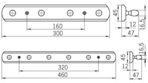 Hakenleiste Burglengenfeld Holz - Druckguss kiefer weiß lasierend glänzend vermessingt - 300 mm lang  vor weißem Hintergrund
