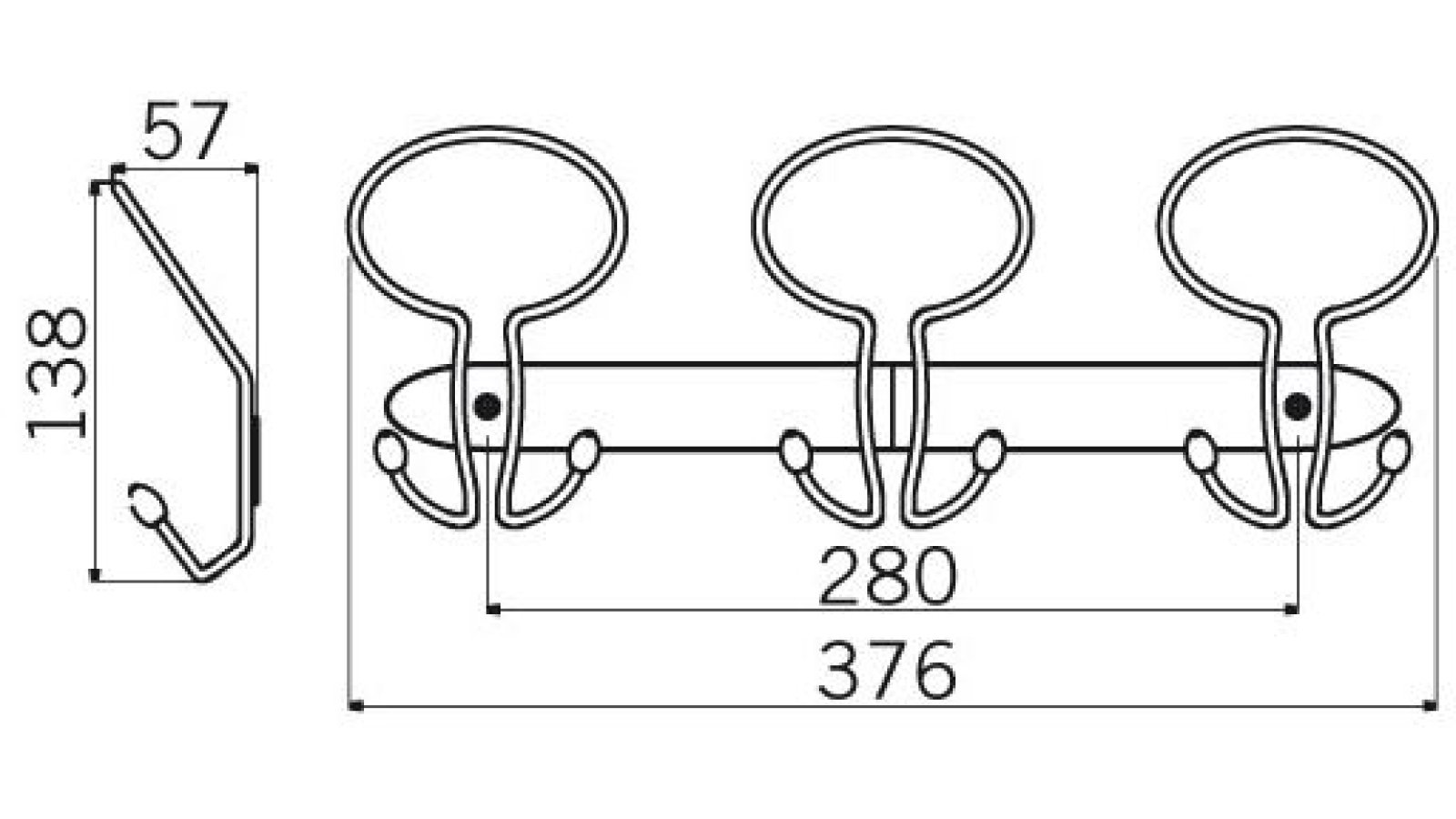 Hakenleiste Donauwörth Stahl - Kunststoff chrom matt schwarz-braun - 376 mm lang  vor weißem Hintergrund