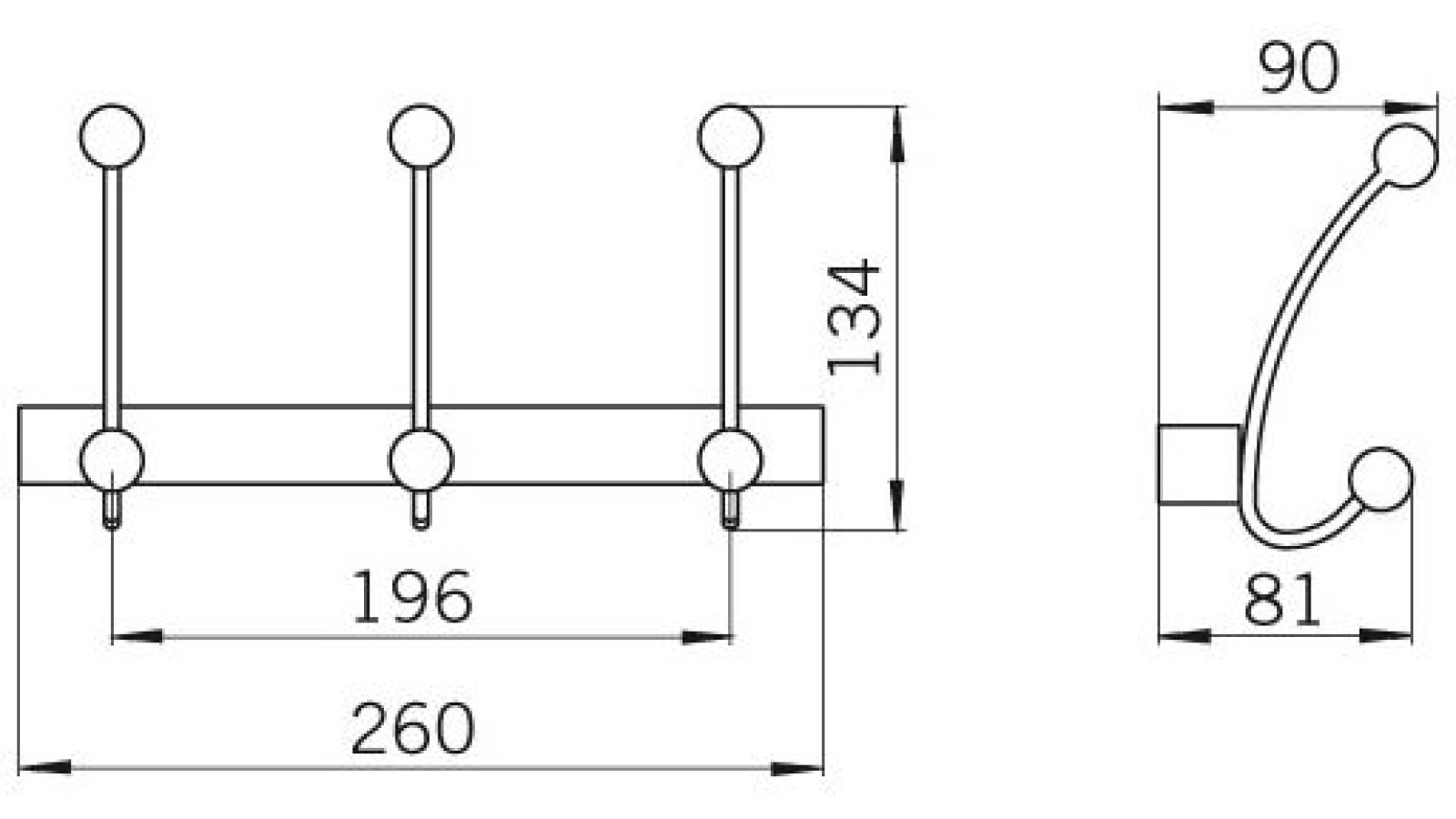Hakenleiste-Emmerdingen-grau-ahorn-Stahl-Holz-Holz-laenge-259-755260-technische-zeichnung Hakenleiste Emmerdingen Stahl - Holz umbragrau metallic pulverbeschichtet ahorn natur lackiert - 259 mm lang vor weißem Hintergrund