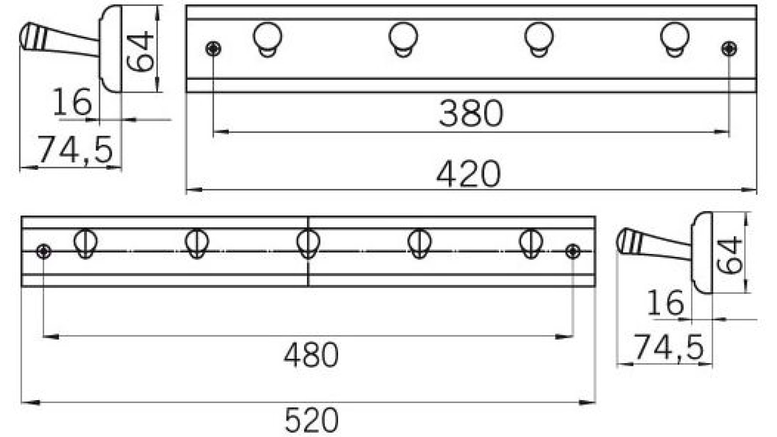 Hakenleiste Hammelburg Holz kiefer roh - 420 mm lang  vor weißem Hintergrund