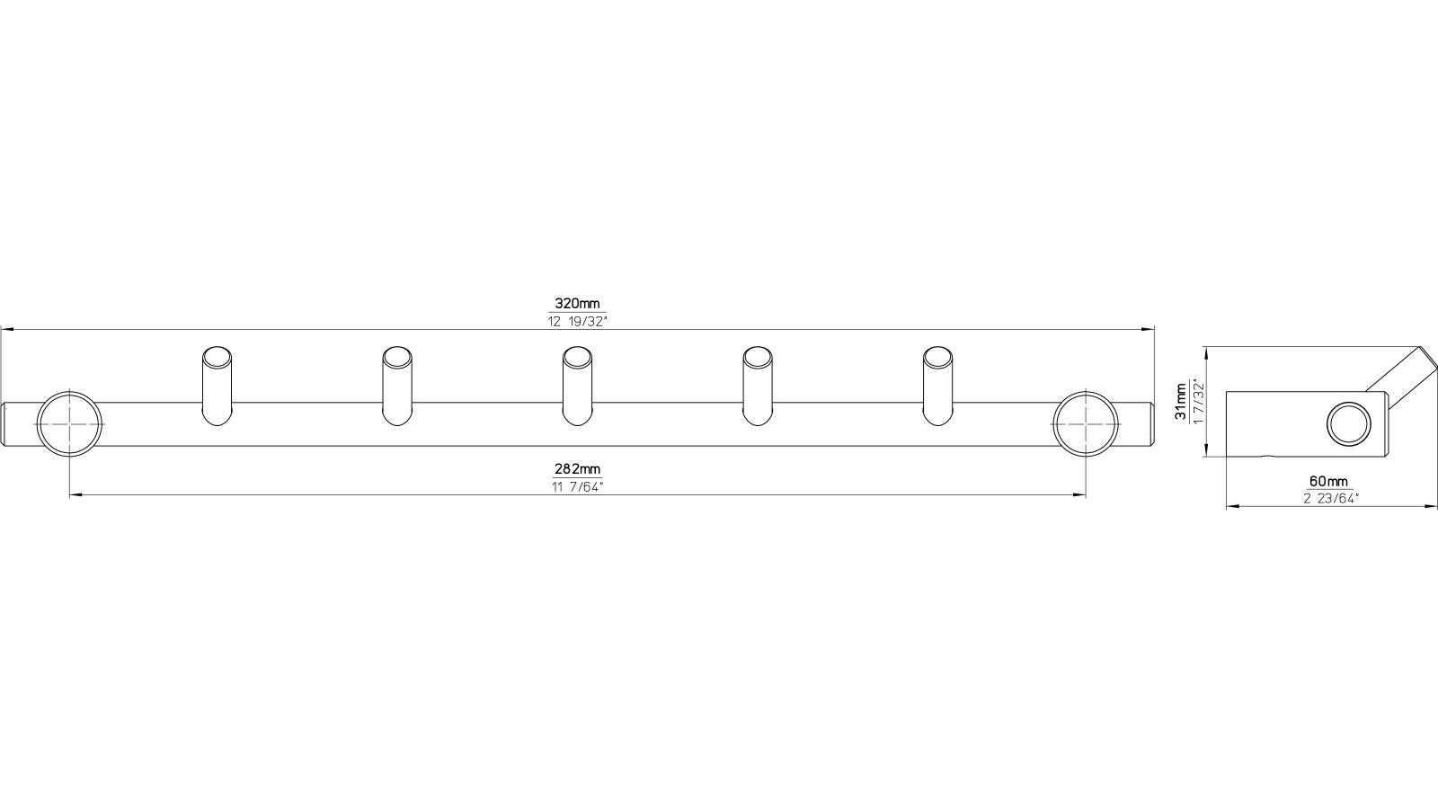 Hakenleiste-Hasbergen-edelstahlfarbig-Edelstahl-Stahl-laenge-320-772944-technische-zeichnung Hakenleiste Hasbergen Edelstahl fein geschliffen - 320 mm lang vor weißem Hintergrund