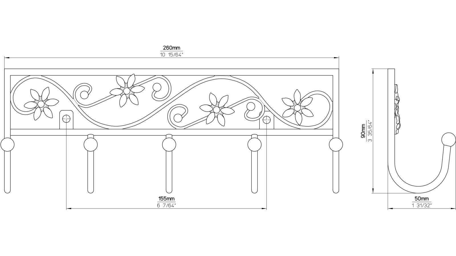 Hakenleiste-Homberg-schwarz-Stahl-Kunststoff-laenge-260-735140-technische-zeichnung Hakenleiste Homberg Stahl - Kunststoff schwarz matt pulverbeschichtet kristall - 260 mm lang vor weißem Hintergrund
