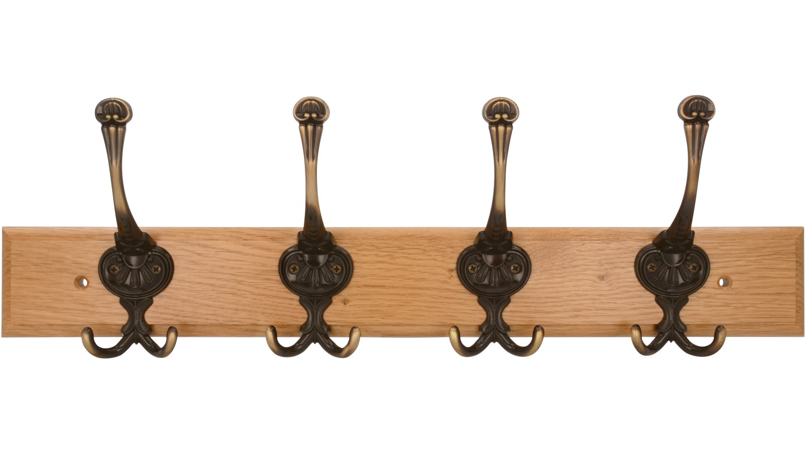 Hakenleiste Menden Druckguss - Holz eiche natur lackiert altmessingfarbig brüniert getrommelt - 500 mm lang  vor weißem Hintergrund