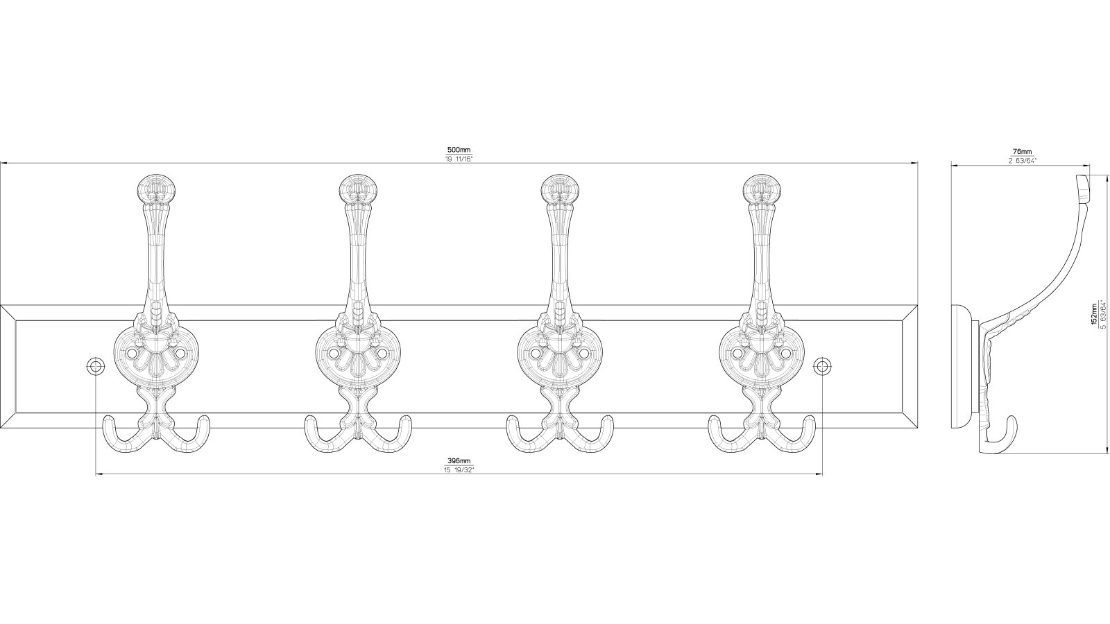 Hakenleiste Menden Druckguss - Holz eiche natur lackiert altmessingfarbig brüniert getrommelt - 500 mm lang  vor weißem Hintergrund