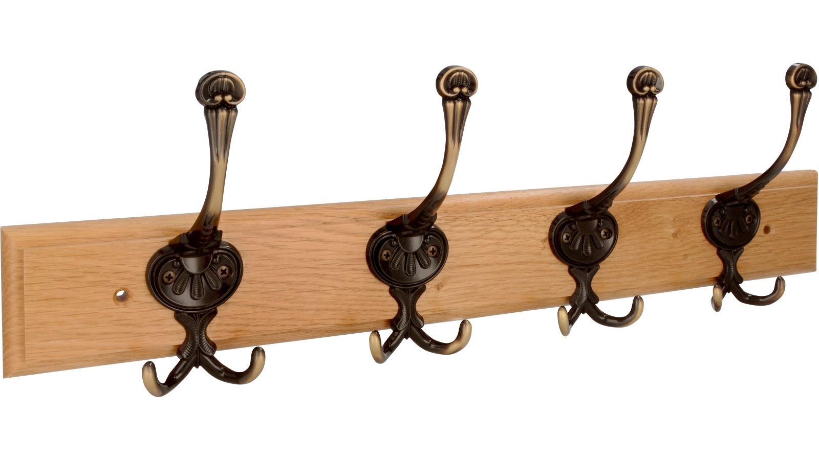 Hakenleiste Menden Druckguss - Holz eiche natur lackiert altmessingfarbig brüniert getrommelt - 500 mm lang  vor weißem Hintergrund