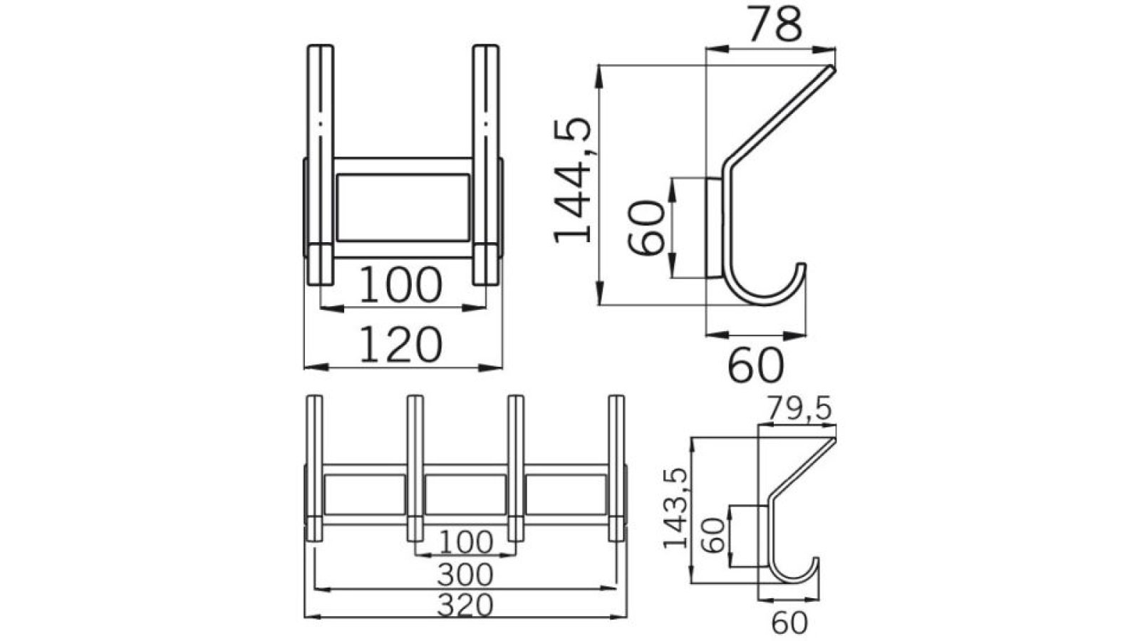Hakenleiste-Nordstemmen-weiss-Kunststoff-laenge-320-653624-technische-zeichnung Hakenleiste Nordstemmen Kunststoff weiß - 320 mm lang vor weißem Hintergrund