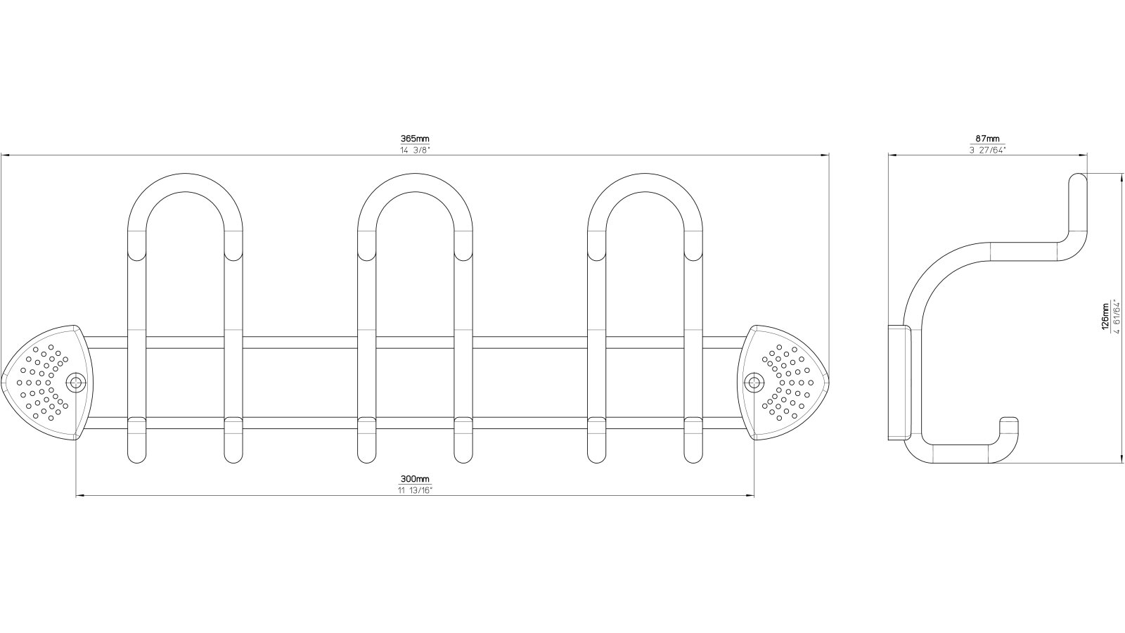 Hakenleiste Öhringen Stahl matt vernickelt - 365 mm lang  vor weißem Hintergrund