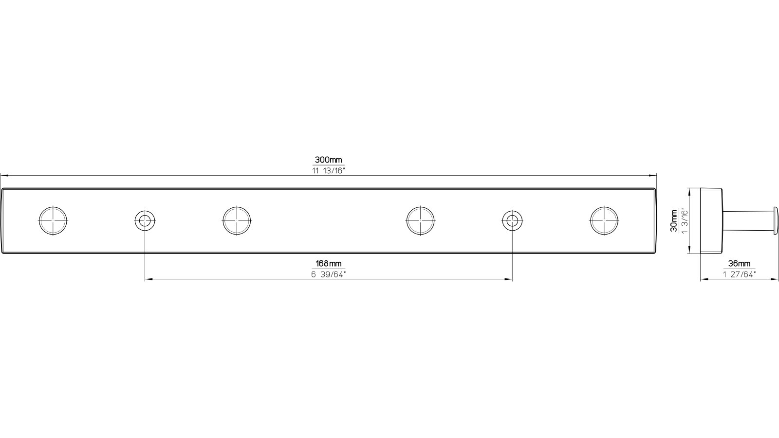 Hakenleiste-Roding-bunt-Kunststoff-laenge-300-712096-technische-zeichnung Hakenleiste Roding Kunststoff bedruckt zug mit steinchen - 300 mm lang vor weißem Hintergrund