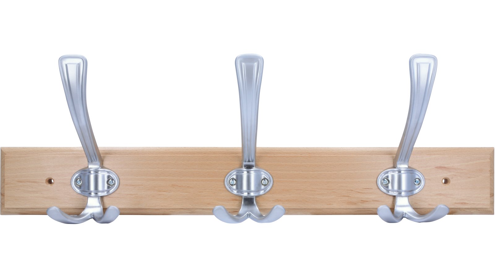 Hakenleiste Warstein Druckguss - Holz buche natur lackiert chrom matt - 500 mm lang  vor weißem Hintergrund