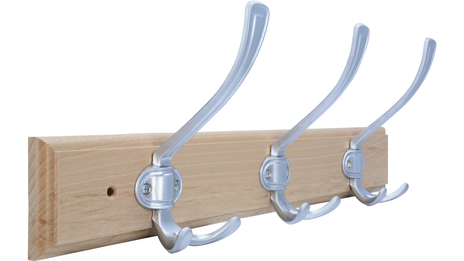 Hakenleiste Warstein Druckguss - Holz buche natur lackiert chrom matt - 500 mm lang  vor weißem Hintergrund